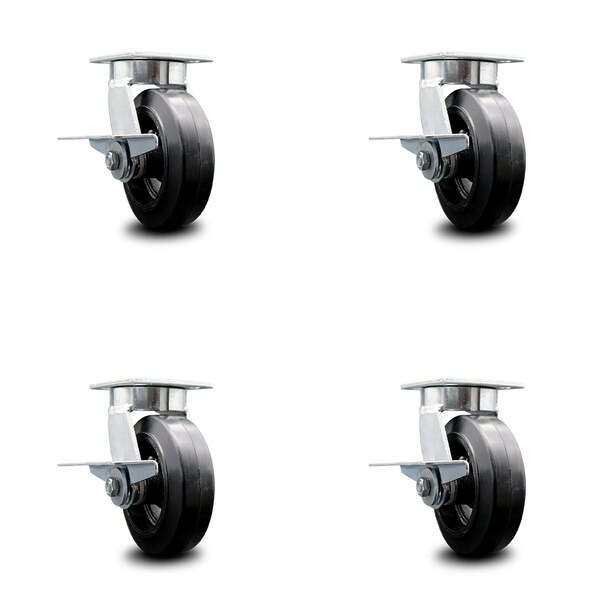 6 Inch Kingpinless Rubber on Steel Wheel Swivel Caster Set with Brakes SCC